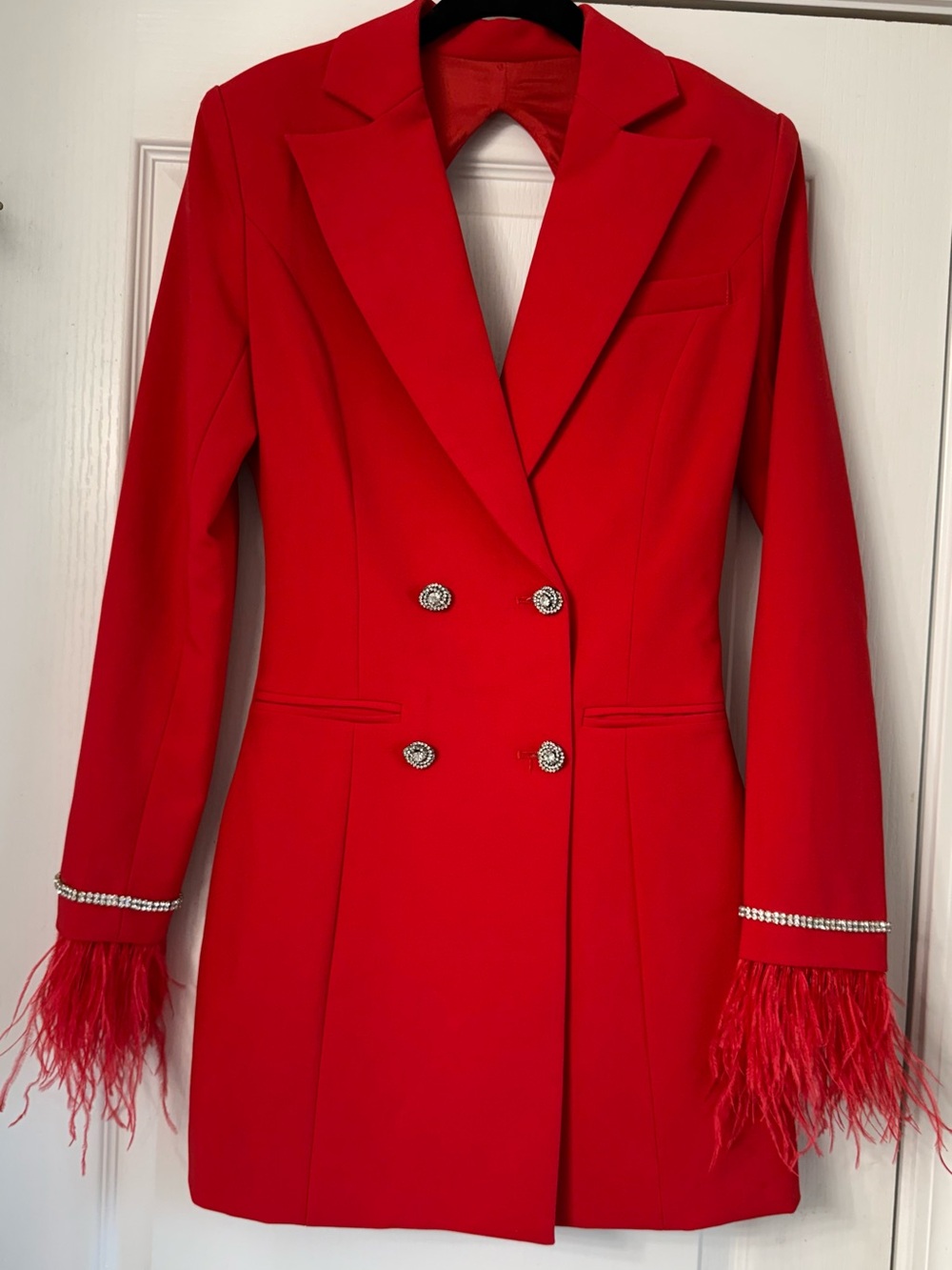 Women’s Red Double-Breasted Blazer Coat Dress with Feather Cuffs and Open Back